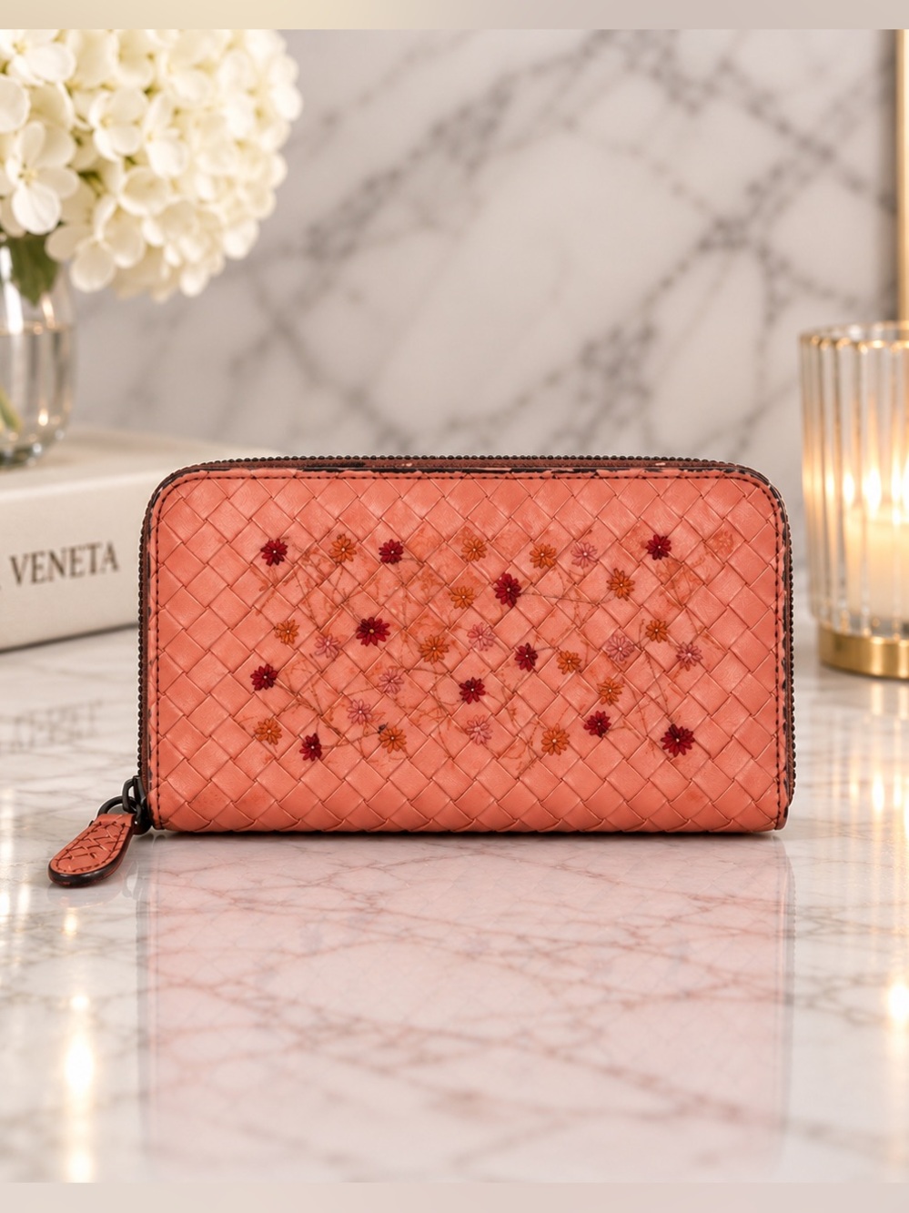 Bottega Veneta Coral Intrecciato Woven Leather Snake Skin Zip Wallet COA